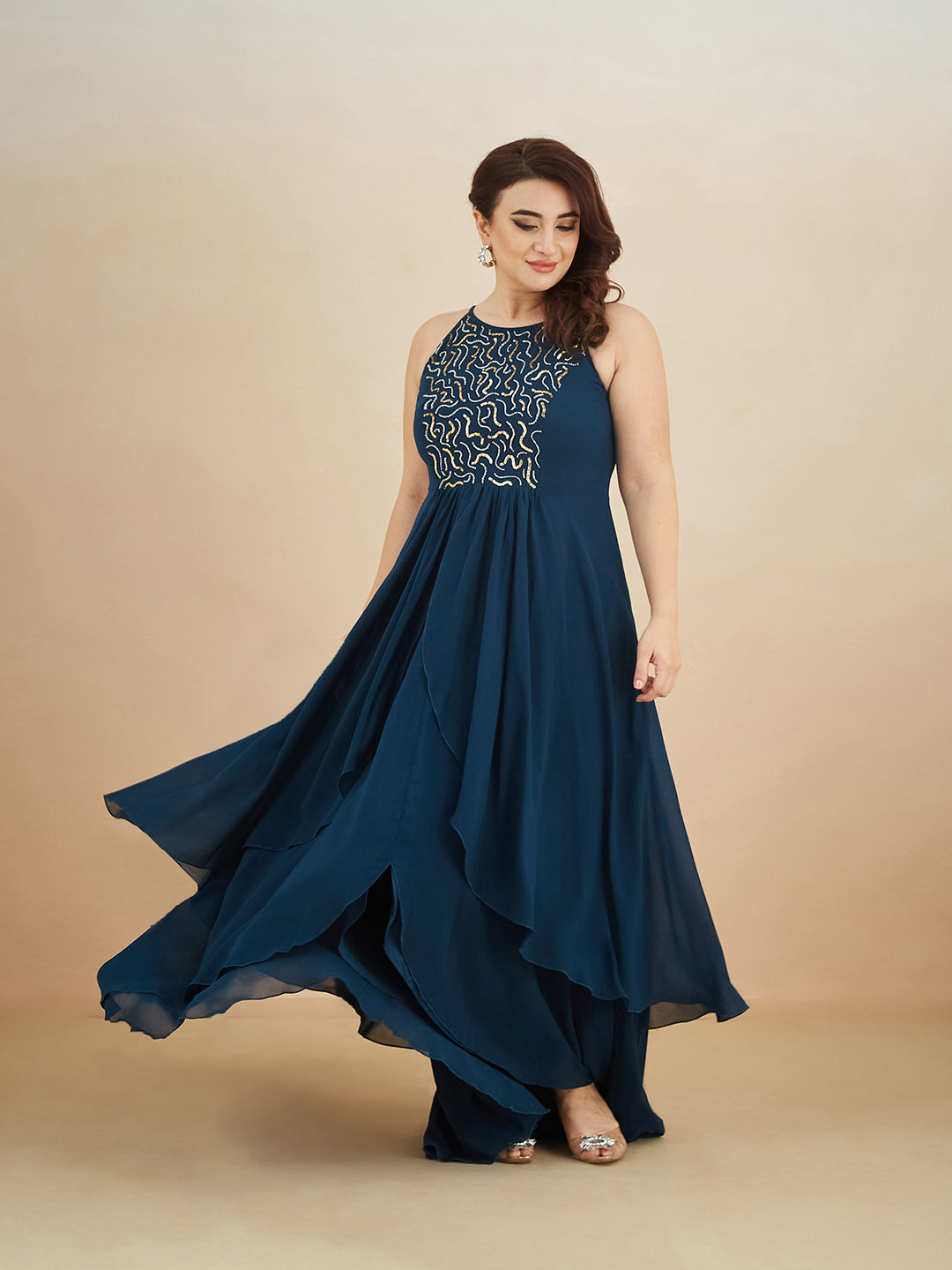 Teal Round Neck Sleeveless Solid Embellished Maxi Dress for Women