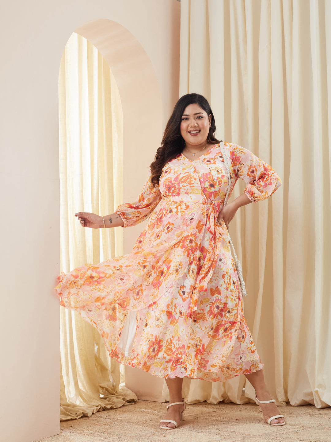 Pink & Orange V-Neck Bishop Floral Layered Chiffon Maxi Dress for Women