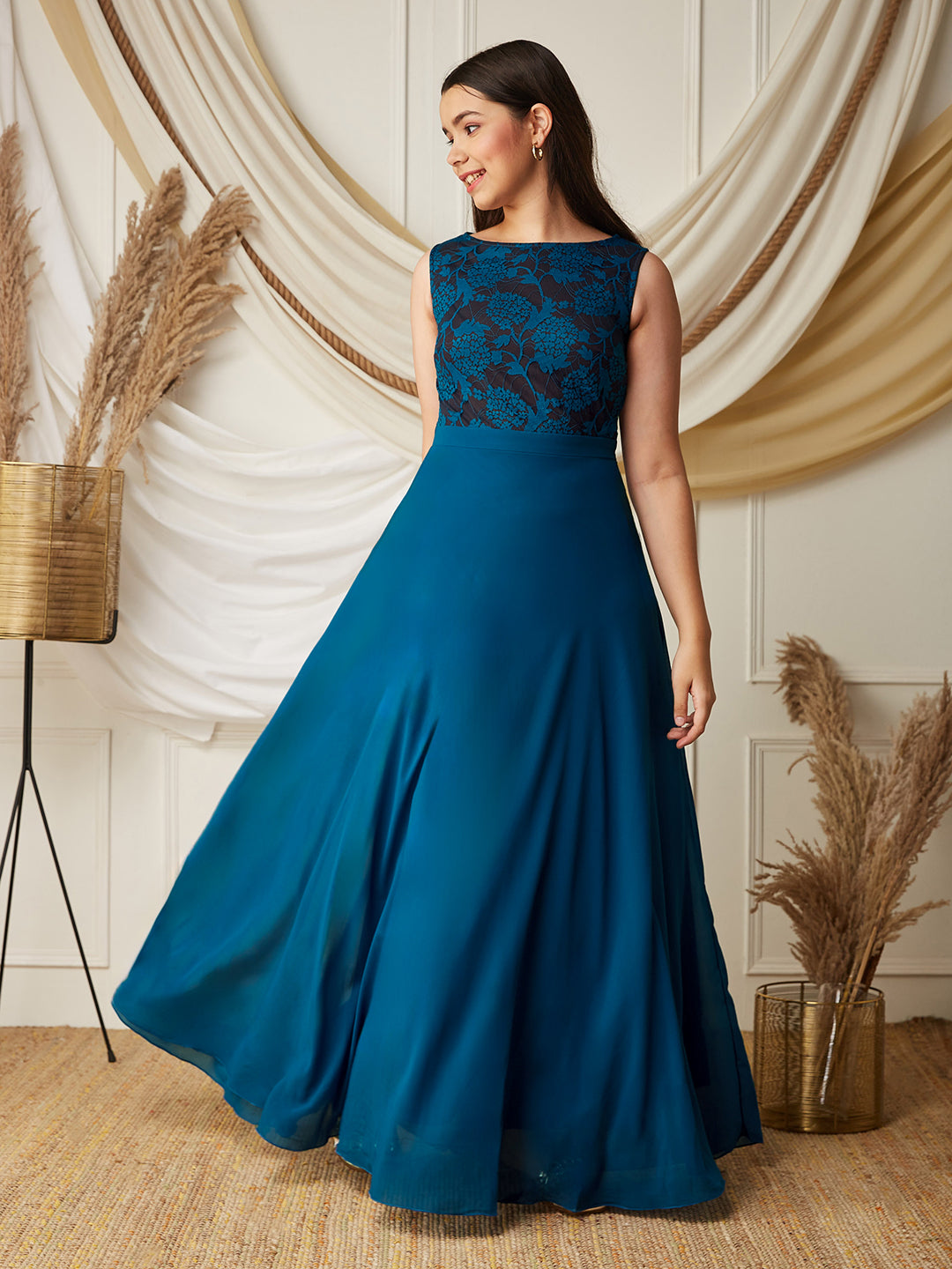 Royal Blue Round-Neck Sleeveless Floral Lace-Overlaid Fit & Flare Georgette Maxi Dress