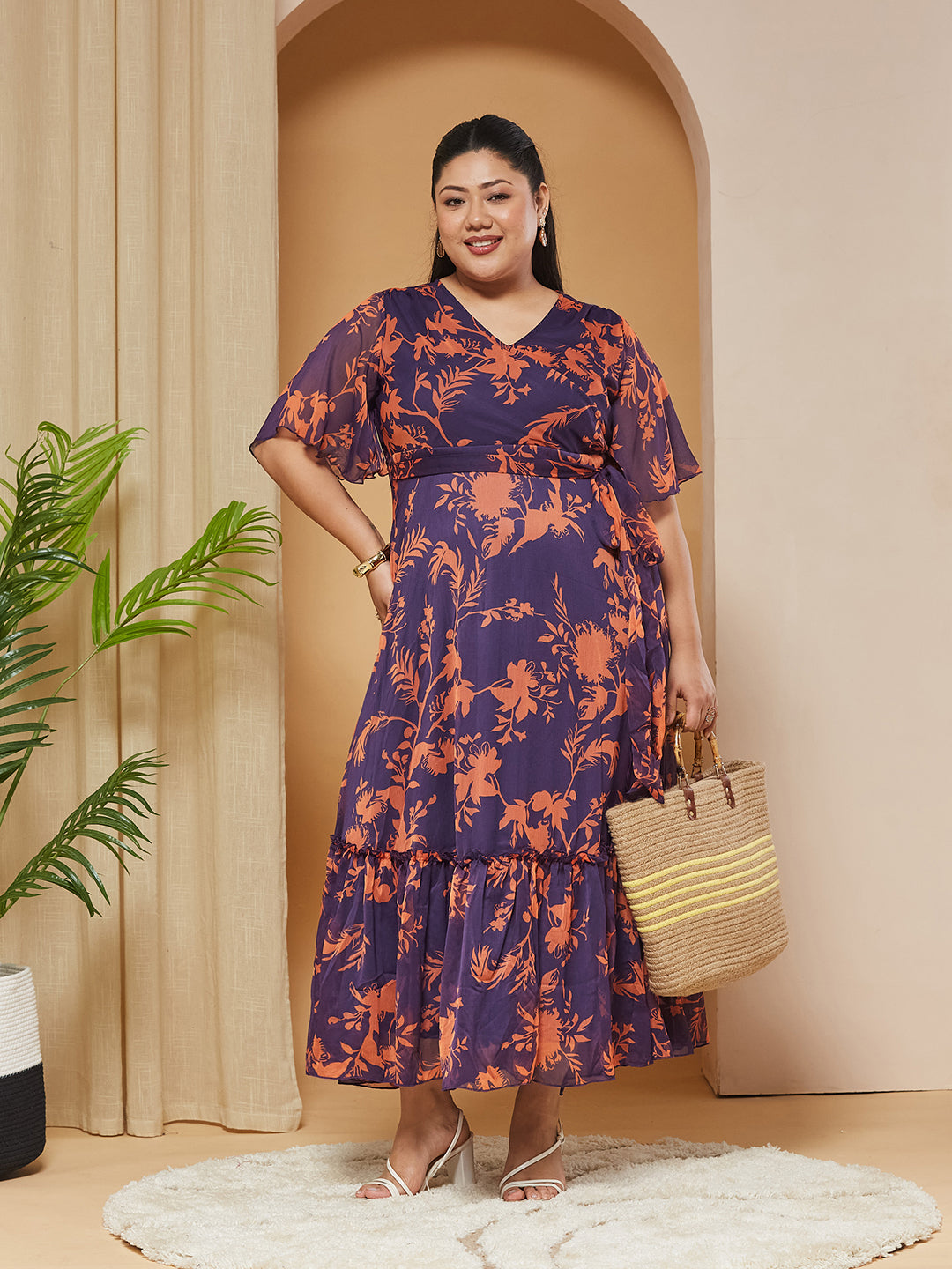 Orange & Purple Floral Wrap Chiffon Maxi Dress with Flutter-Sleeves & Frilled Hem for Women