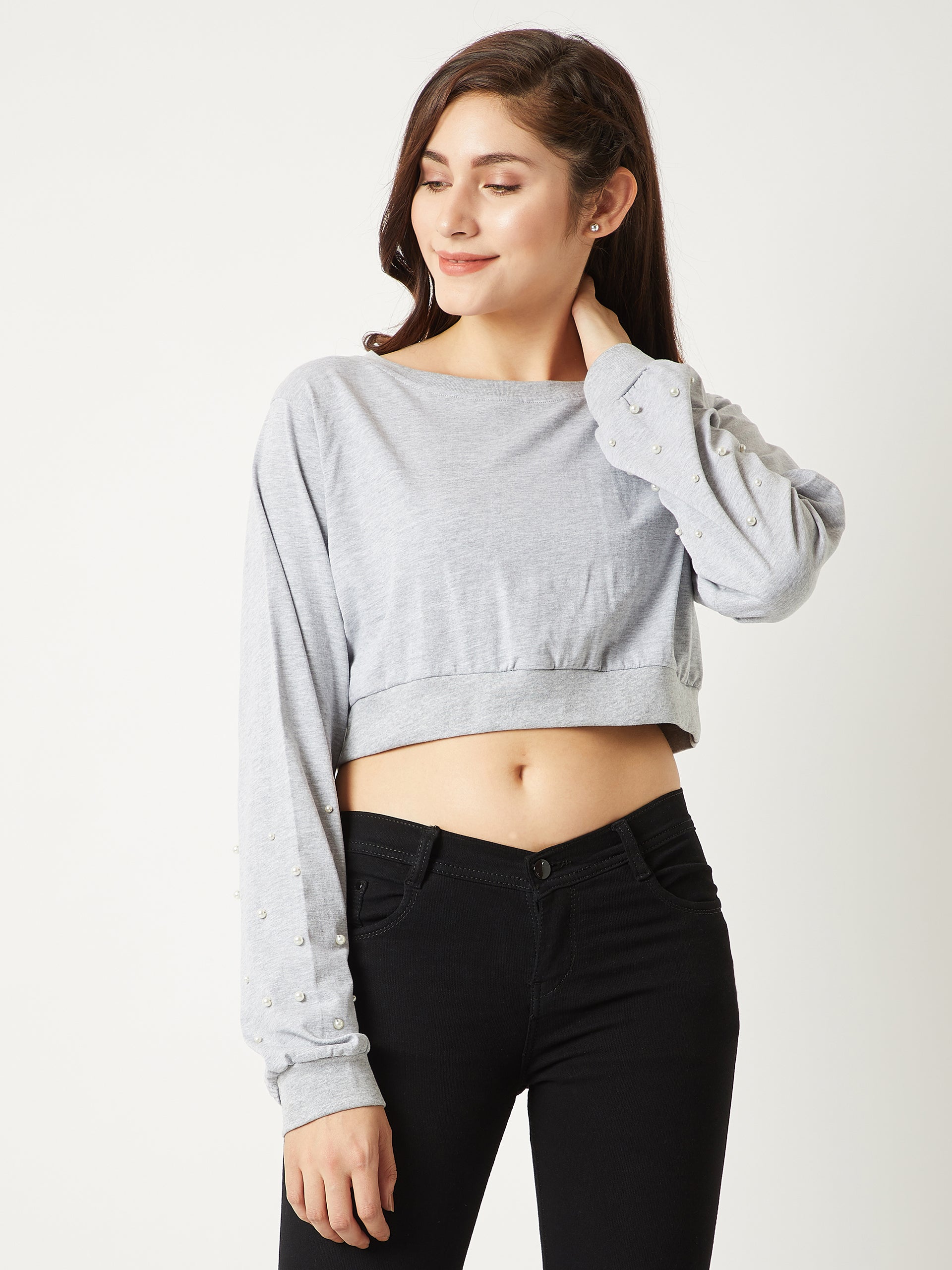 Women's Grey Round Neck Full Sleeve Cotton Pearl Detailing Solid Boxy Crop Top
