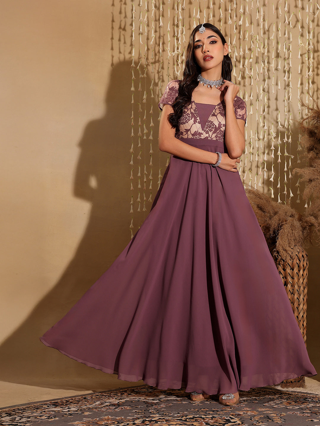 Women's Mauve Square-Neck Raglan-Sleeve Self-Designed Flared Georgette Maxi Dress