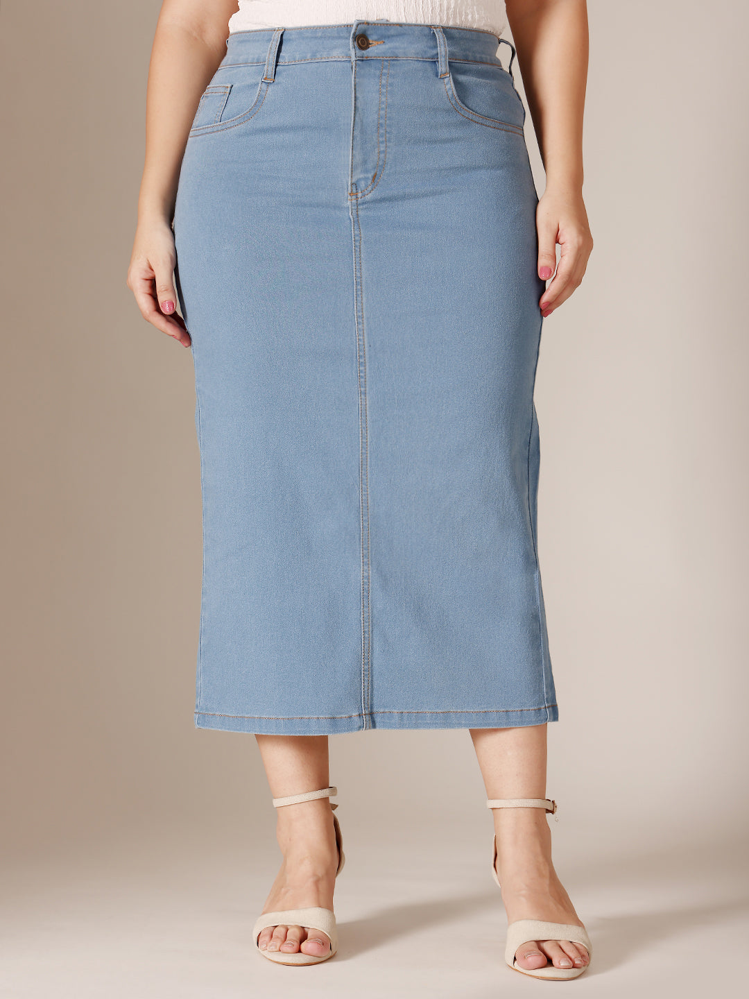 Light-Blue Straight-Fit High-Rise Midi Stretchable Denim Skirt for Women