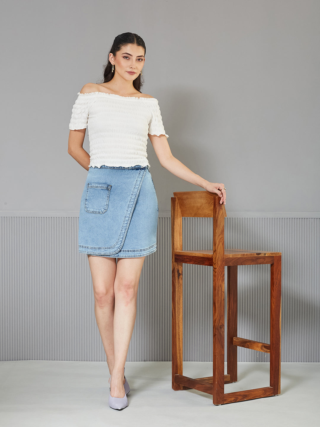 Light-Blue Regular High-Rise Above Knee Stretchable Denim Skirt for Women