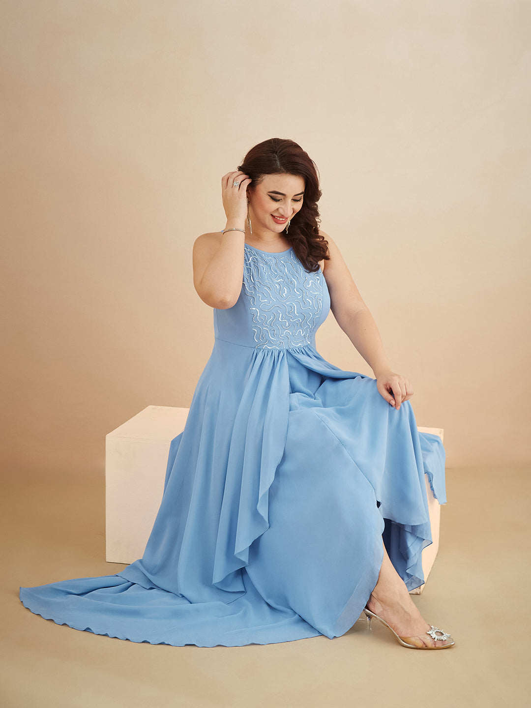 Powder Blue Halter-Neck Sleeveless Embroidered Layered Georgette Maxi Dress for Women