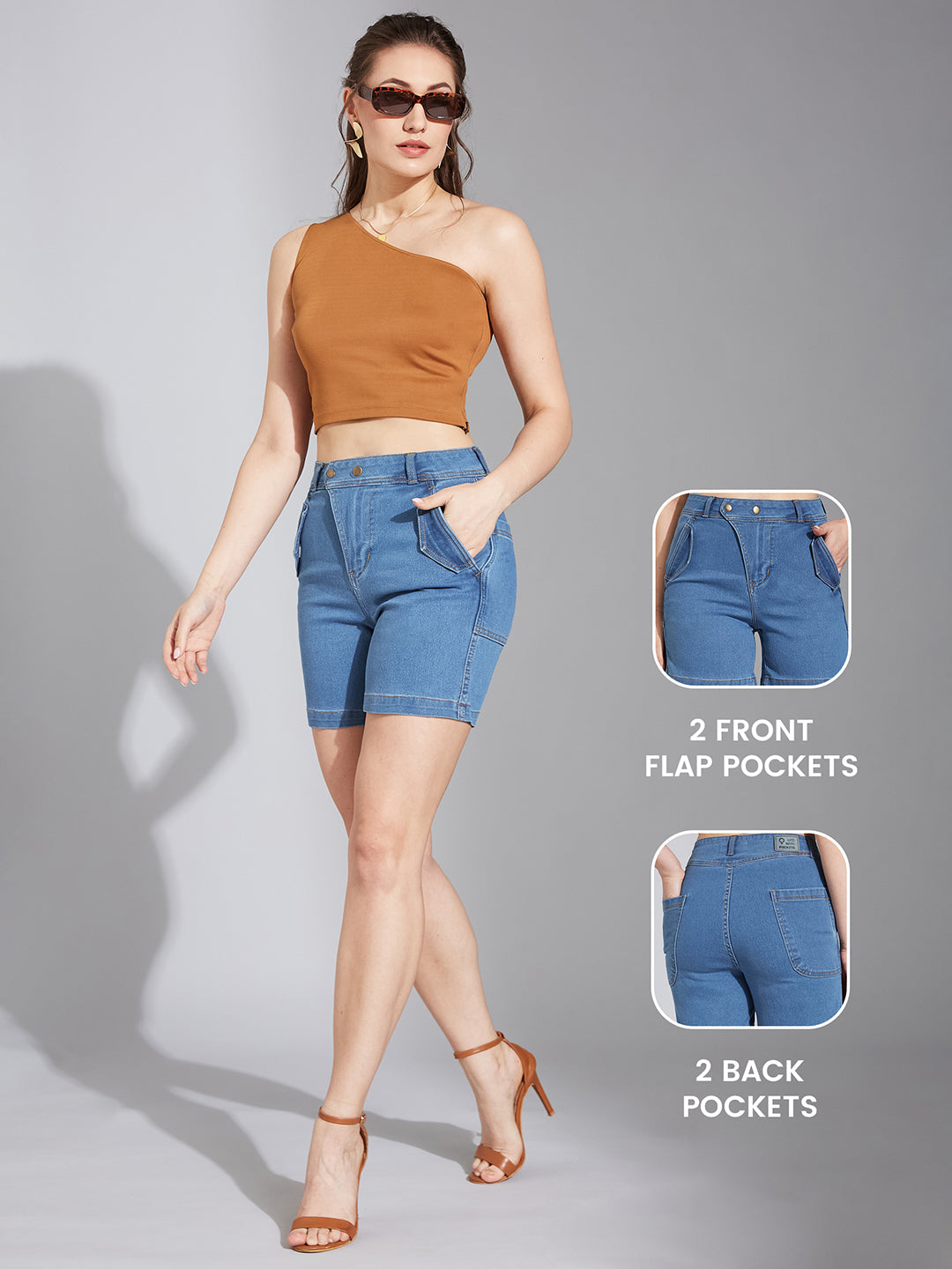 Relaxed-Fit Mid-Rise Clean-Look Stretchable Blue Denim Bermuda Shorts for Women