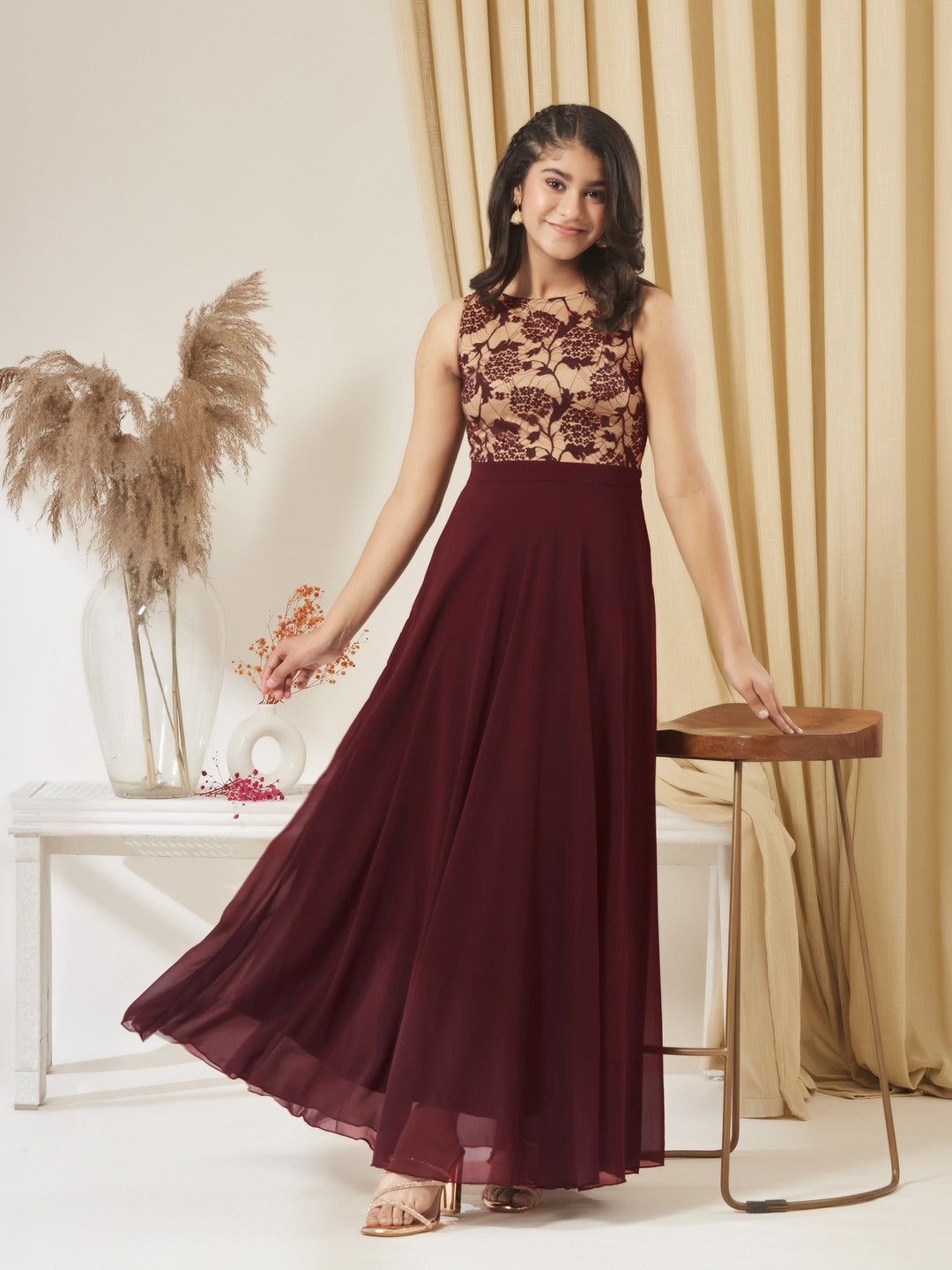 Beige & Wine Round Neck Sleeveless Georgette Floral Lace Fit & Flare Maxi Dress for Girls/Teenagers