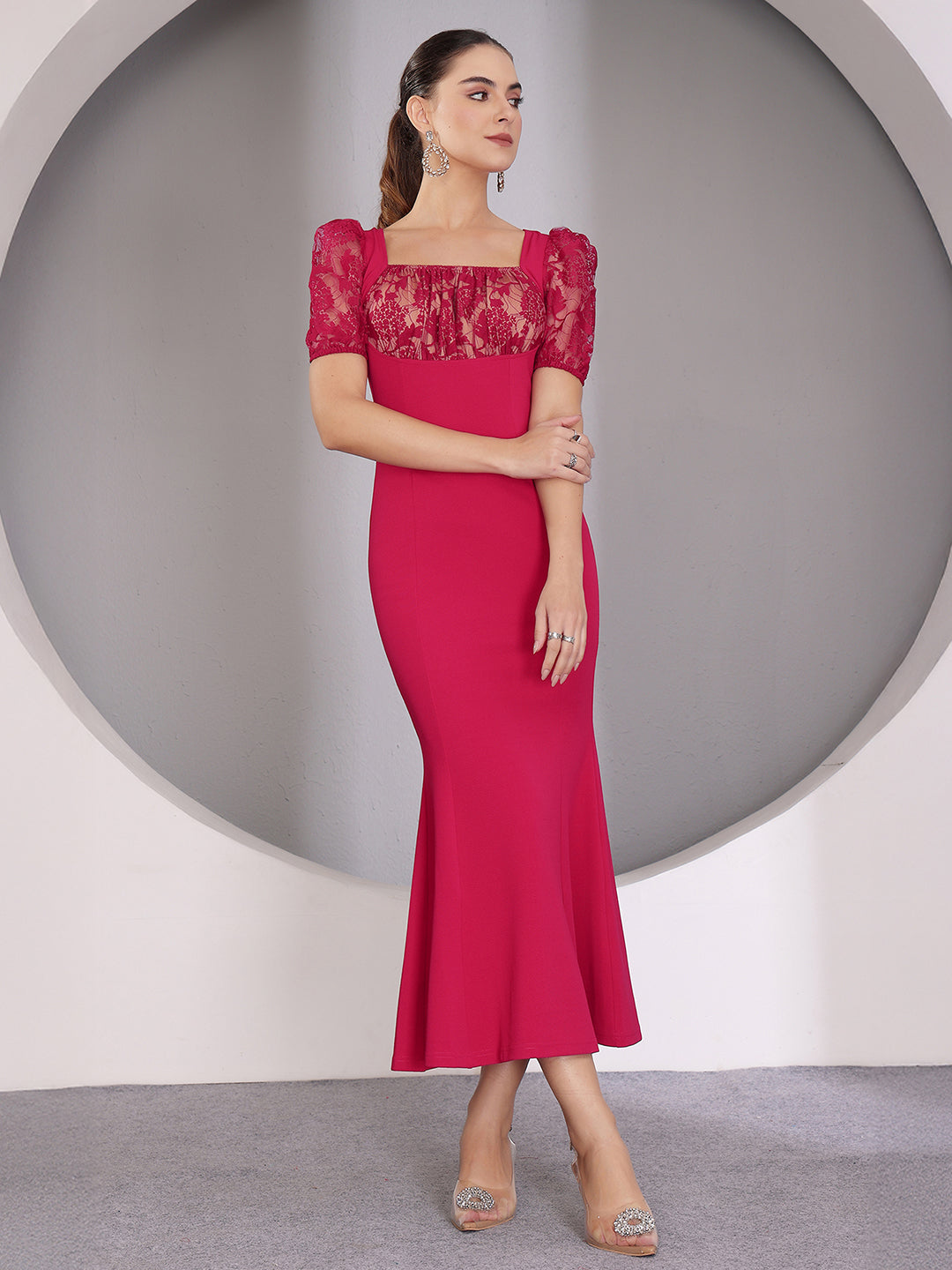 Women's Dark Pink Square Puff Sleeve Solid Lace Overlaid Ankle Length Dress