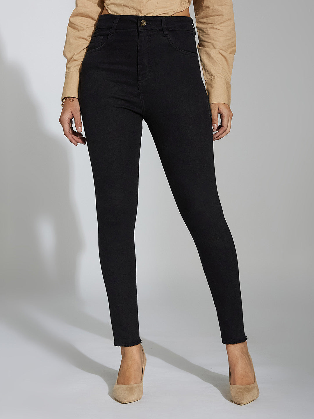24/7 Comfort Black Skinny Fringed Detailing High-Rise Cropped Stretchable Denim Jeans