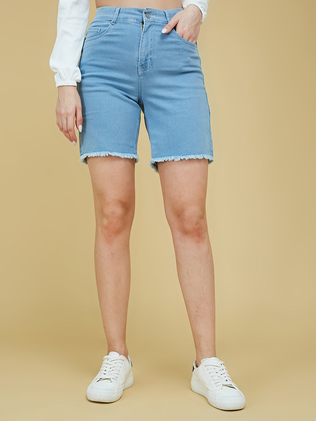 Women's Light Blue Regular High-Rise Clean-Look Above-Knee Stretchable Denim Shorts