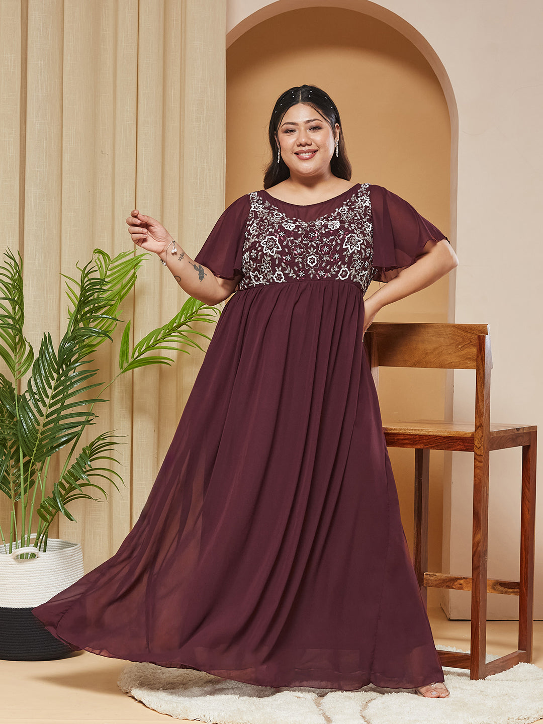 Wine Boat Neck Half Sleeve Solid Embellished Georgette Maxi Dress for Women