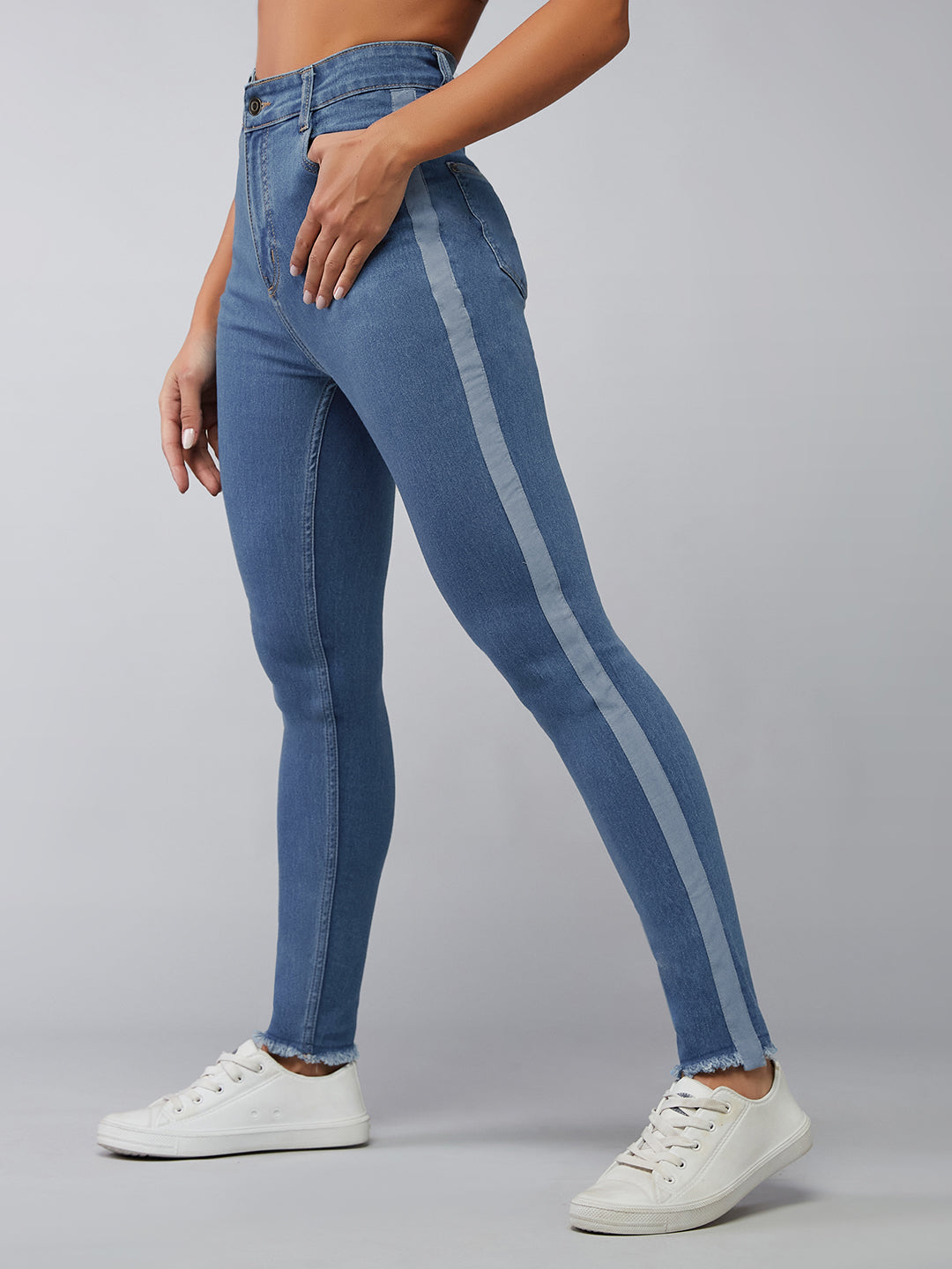 Women's Blue Skinny High-Rise Fringe And Silky Denim Tape Detailing Cropped Denim Jeans