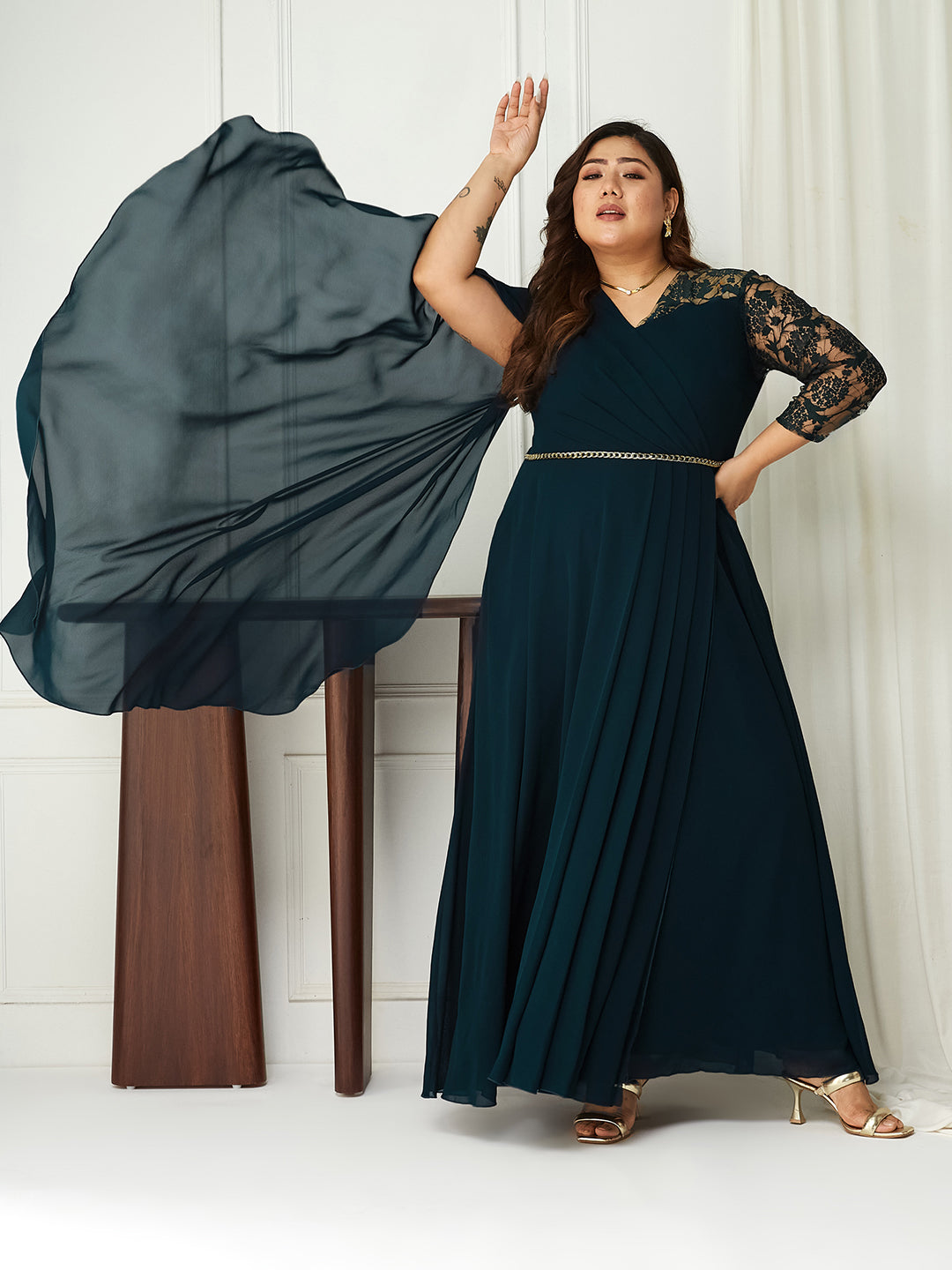 Body Bliss Teal Self-Designed Georgette Maxi Dress