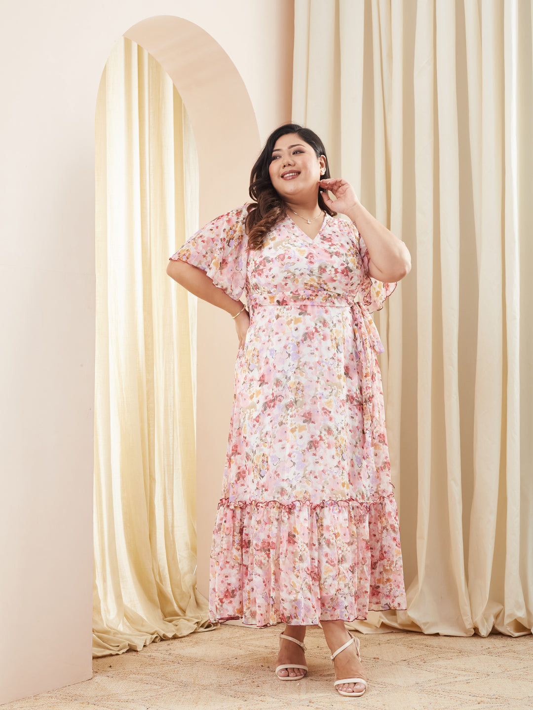 Multicolored Base Pink V-Neck Flared Sleeve Floral Wrap Chiffon Maxi Dress for Women