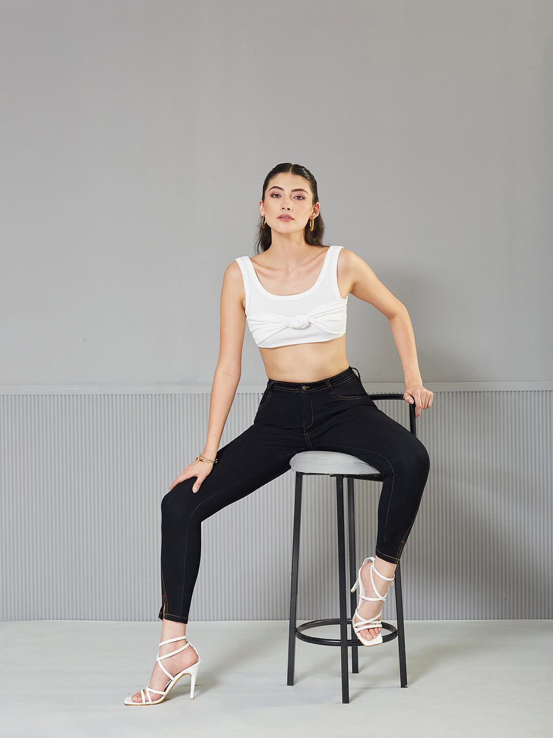 Black Skinny-Fit High-Rise Side Slit Solid Ankle Length Stretchable Denim Jeans for Women