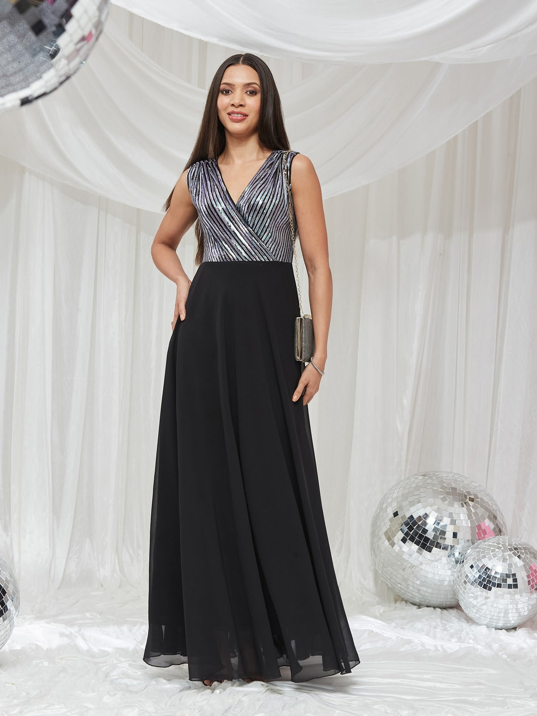 Black V-Neck Sleeveless Embellished Wrap Maxi Georgette Dress for Women
