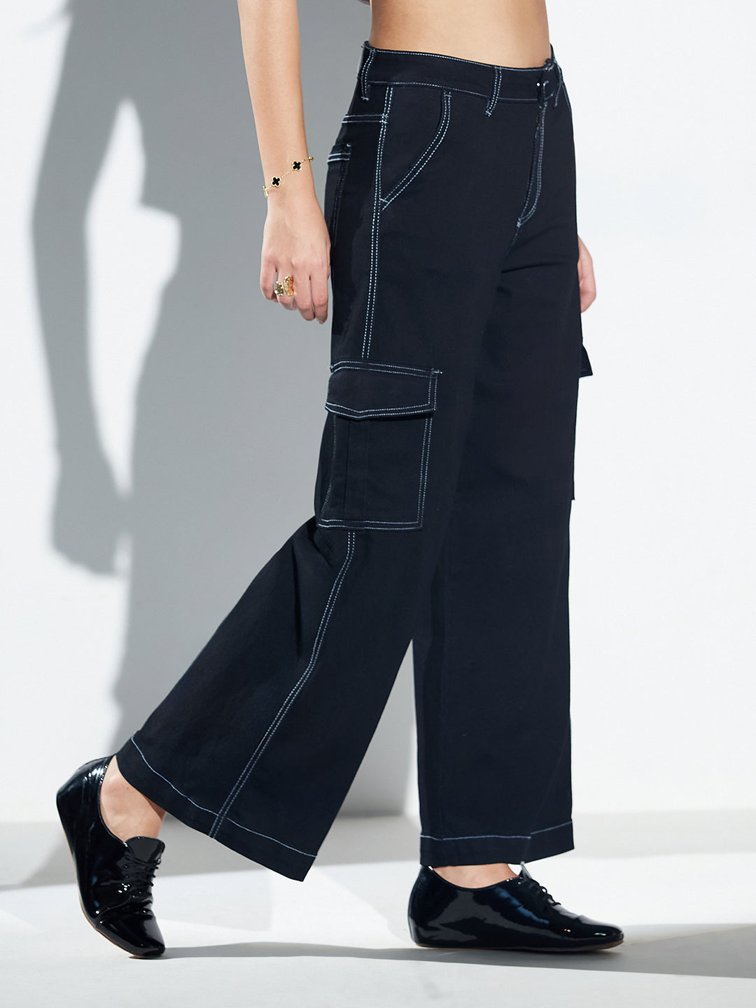 Black Acid Wash High-Rise Wide-Leg Cargo Denim Jeans with Tagging & 6 Pockets for Women