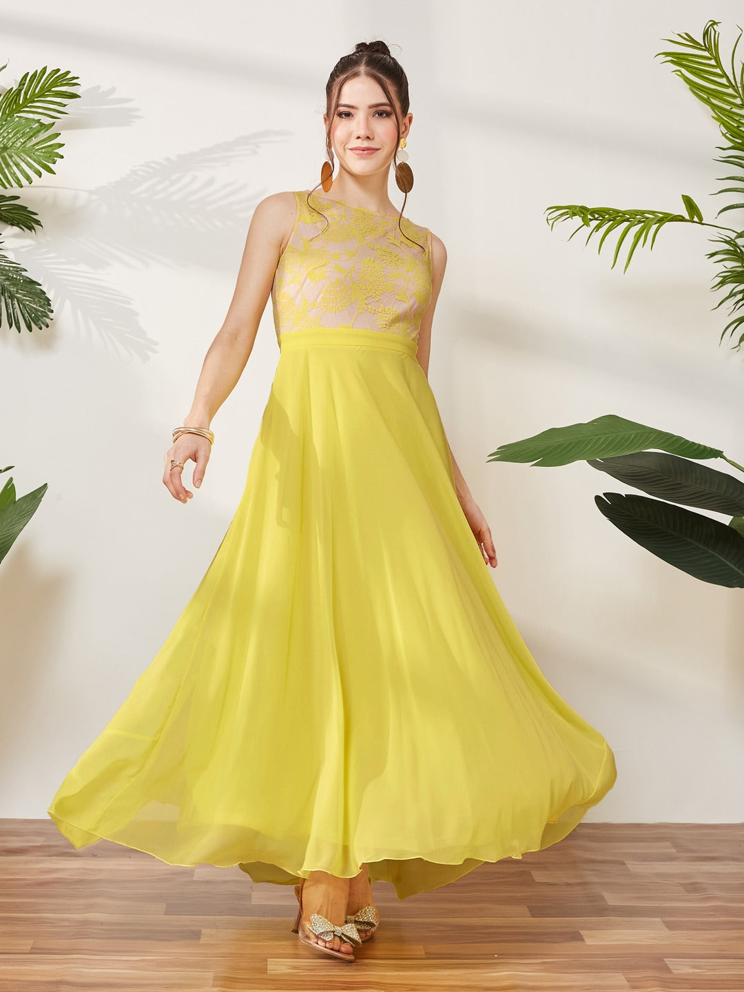 Light Yellow Round Neck Sleeveless Georgette & Lace Floral Fit & Flare Maxi Dress for Women