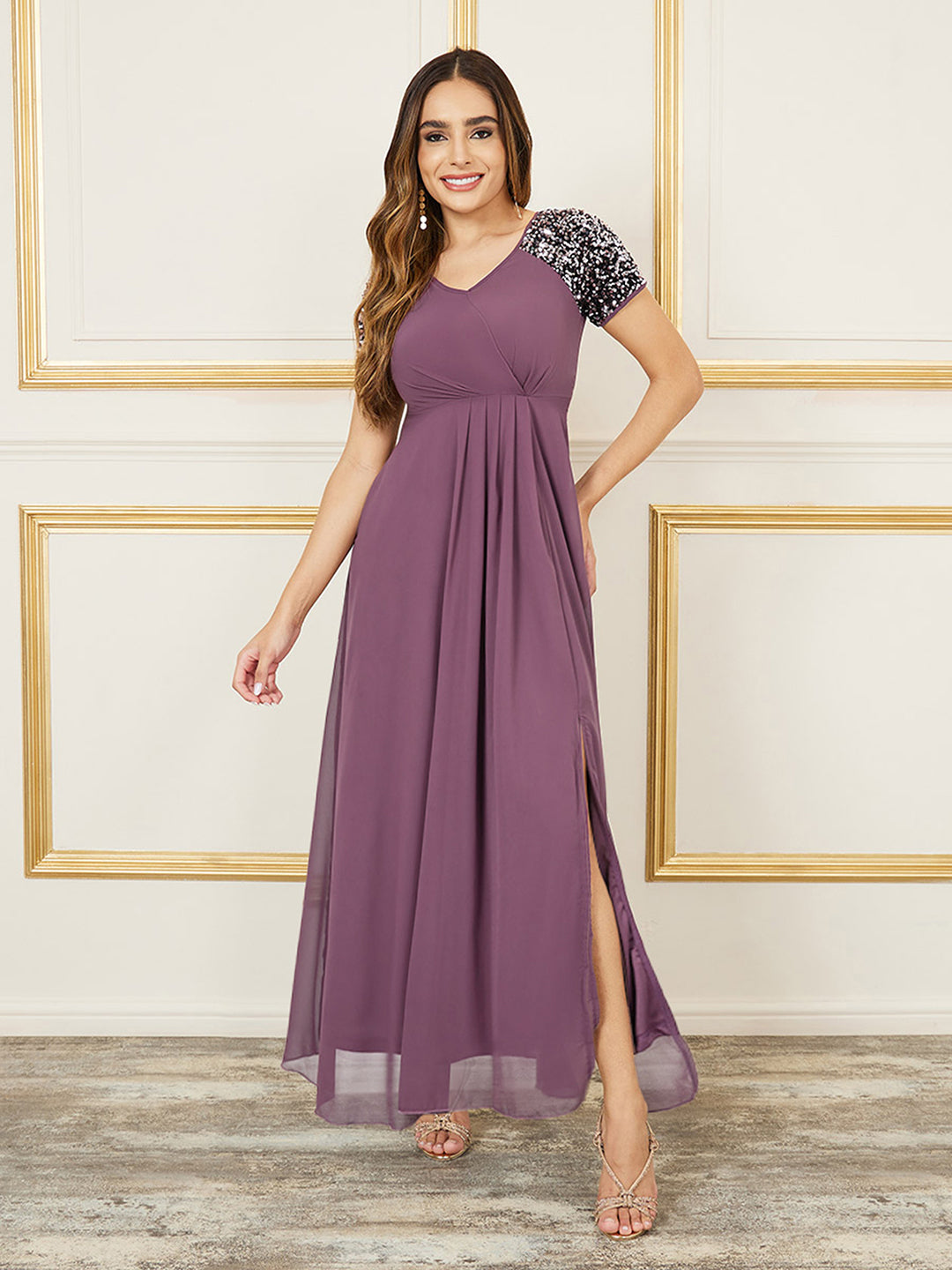 Mauve Half Sleeves Sequinned Fit and Flare Maxi Dress for Women