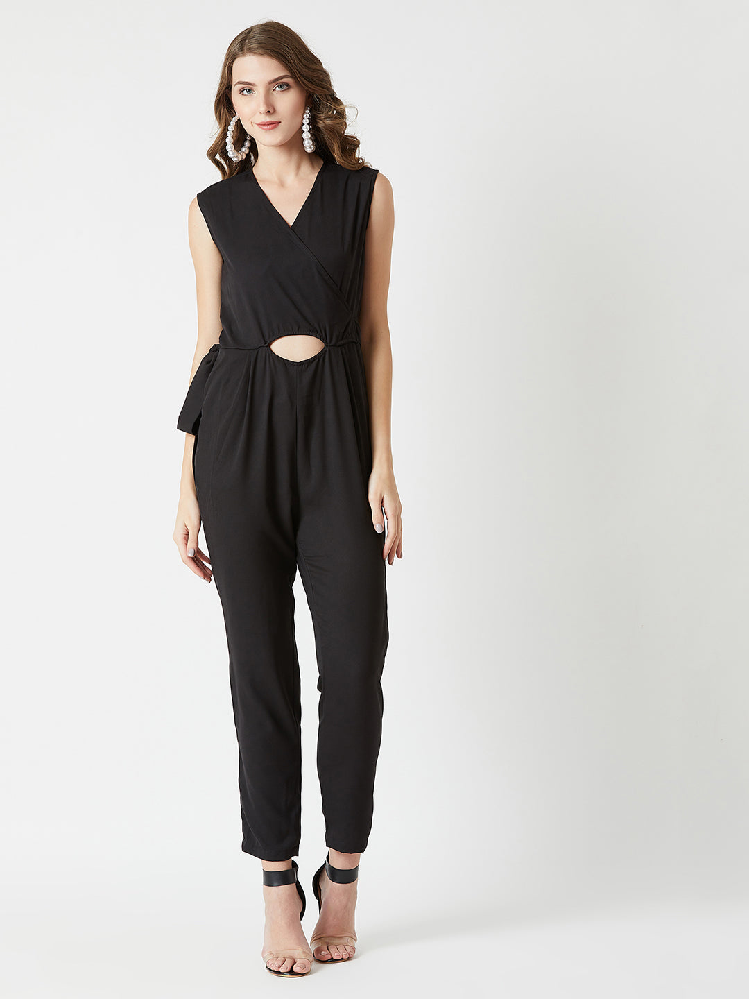 Women's Black V-Neck Sleeveless Solid Belted Cut-out Tie-Up Wrap Jumpsuit