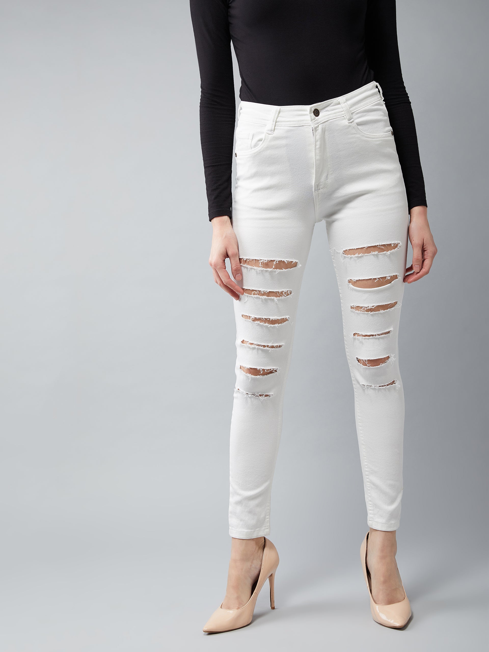 Women's White Skinny High-Rise Ripped Stretchable Denim Jeans