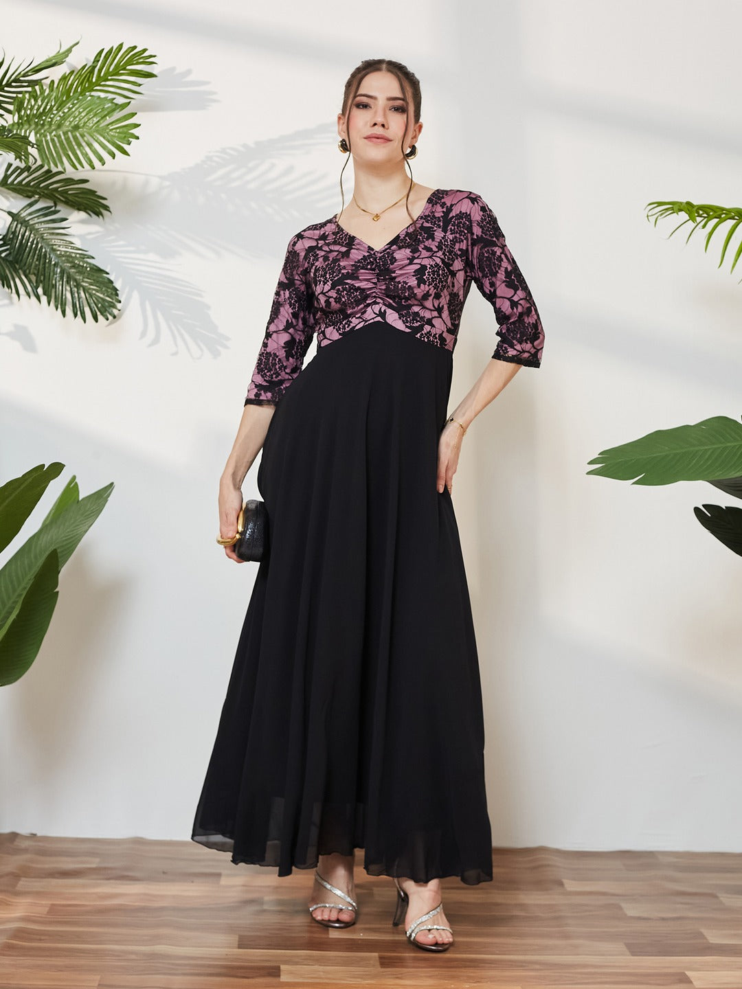 Black And Lavender Sweet heart neck 3/4 Sleeve Self Design Fit & Flare Maxi Dress for Women