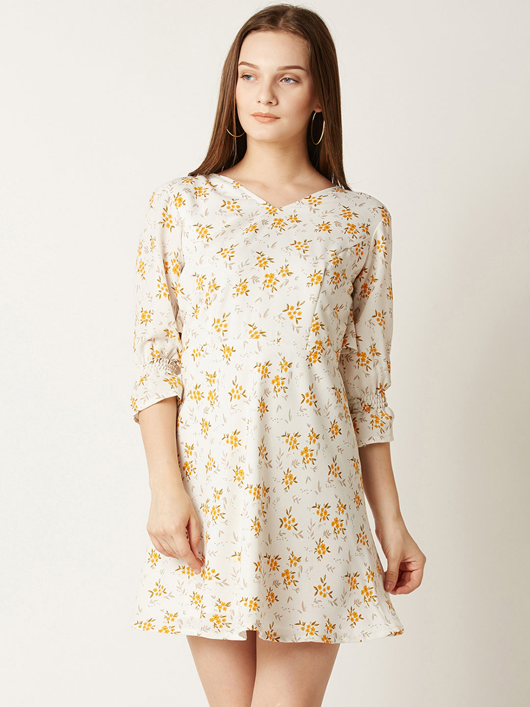 long sleeve skater dress floral Multicolored V-Neck 3/4 Sleeve Floral Ruffled Mini Skater Dress for Wo