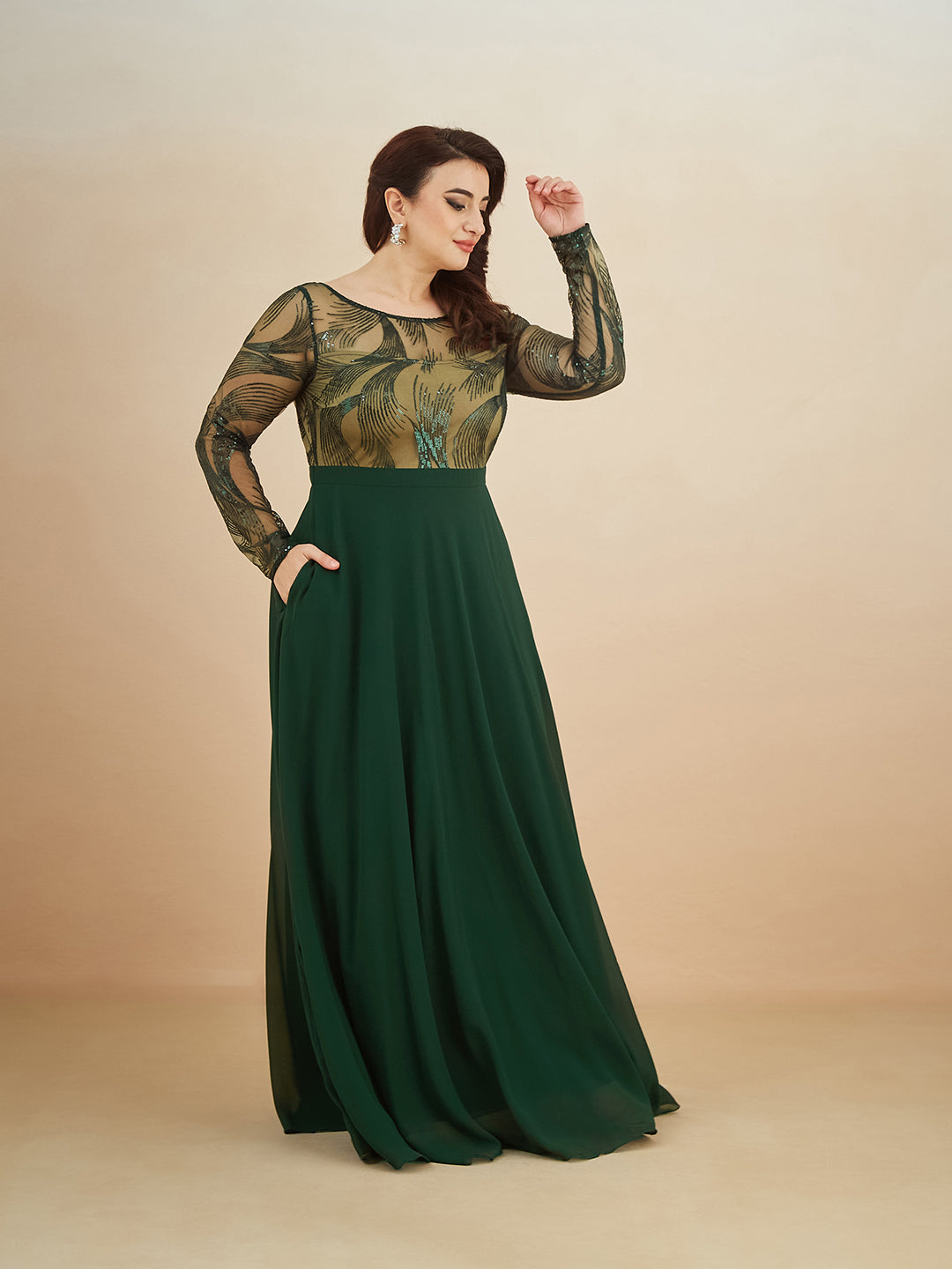 Green & Beige Solid Embellished Maxi Dress for Women