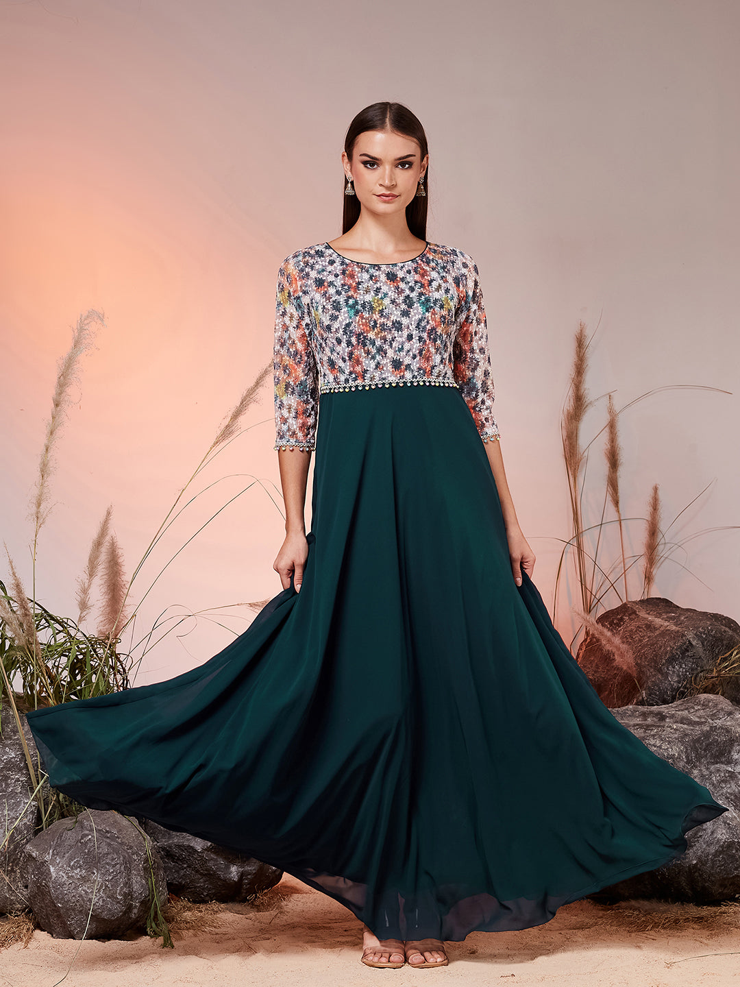 Teal Round Neck 3/4 Sleeve Embellished Embellished Maxi Georgette Ethnic Dress for Women — Miss Chase