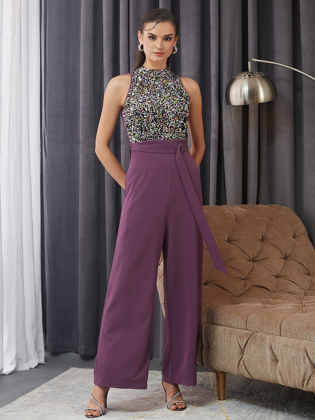 Women's Multicolored Base Lavender Sleeveless Embellished Halter Neck Regular Jumpsuit