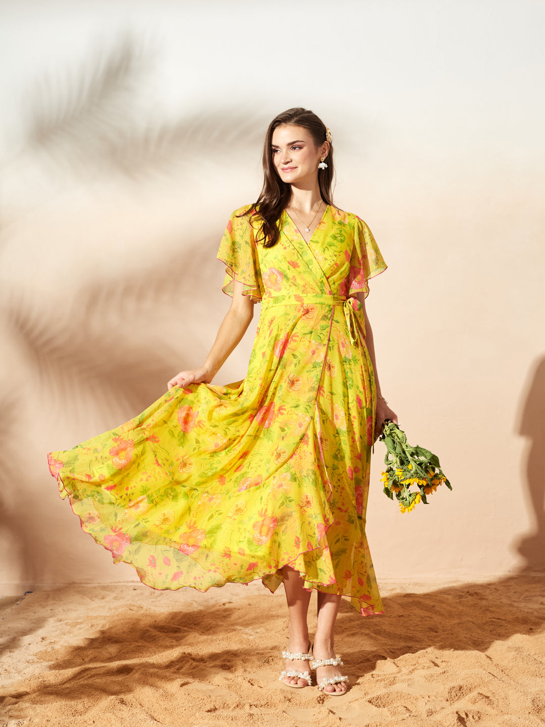 Acid Yellow V-Neck Flared Floral Overlap/Tie-Up Maxi Chiffon Dress for Women
