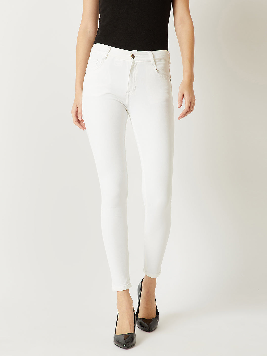 Women's White Skinny Mid-Rise Bleached Stretchable Denim Jeans