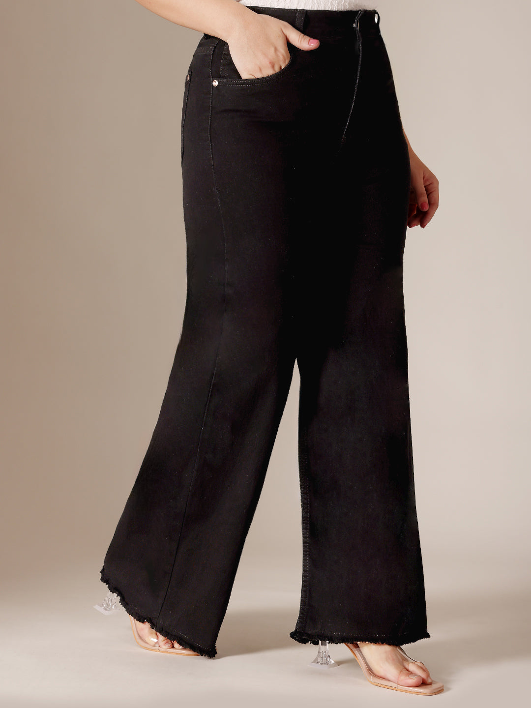 Black High Rise Clean Look Regular-Length Stretchable Wide Leg Denim Jeans for Women
