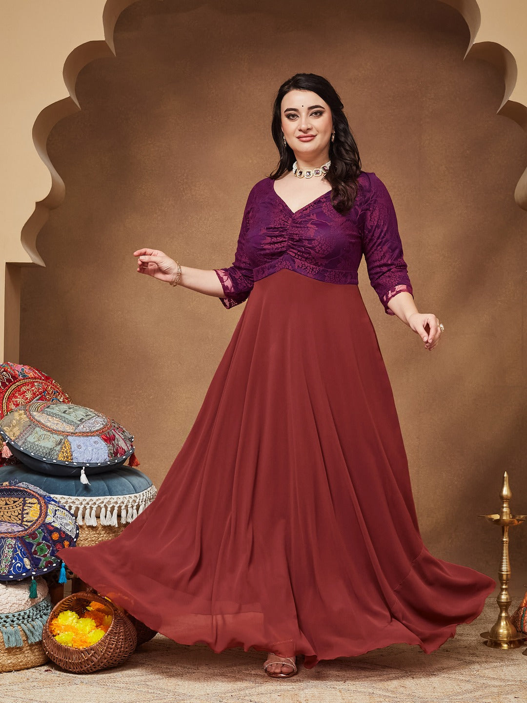 Brick Red Sweet heart neck 3/4 Sleeve Self Design Fit & Flare Maxi Dress for Women