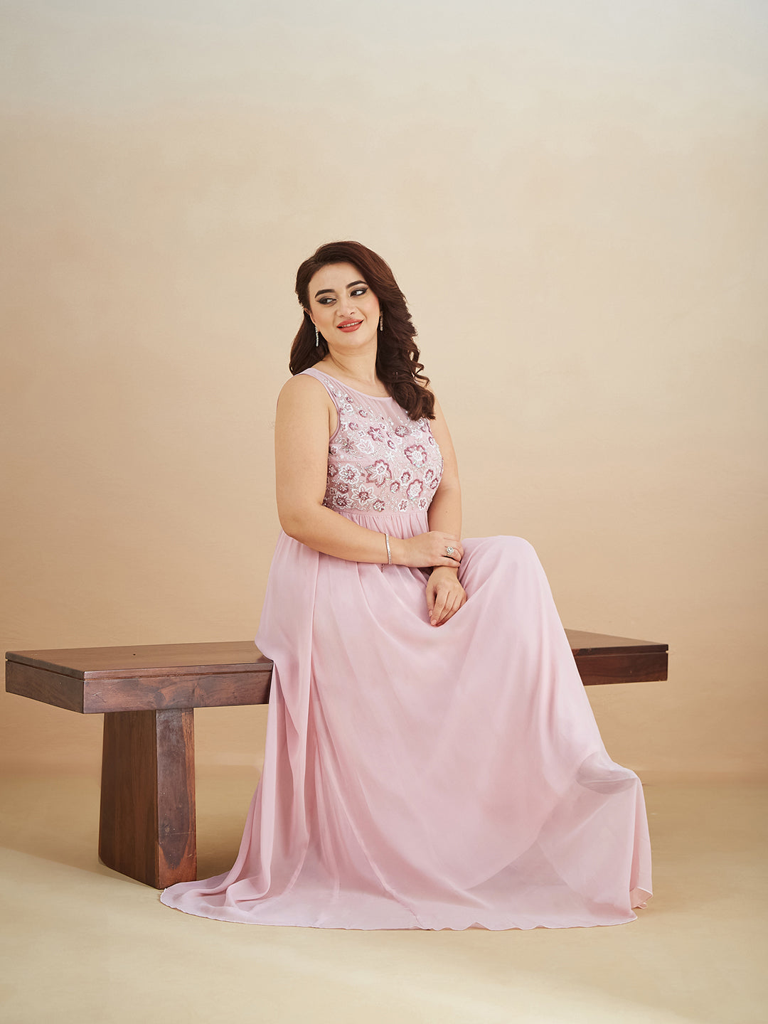 Dusty Pink Boat-Neck Sleeveless Embellished Gathered Regular Dress for Women