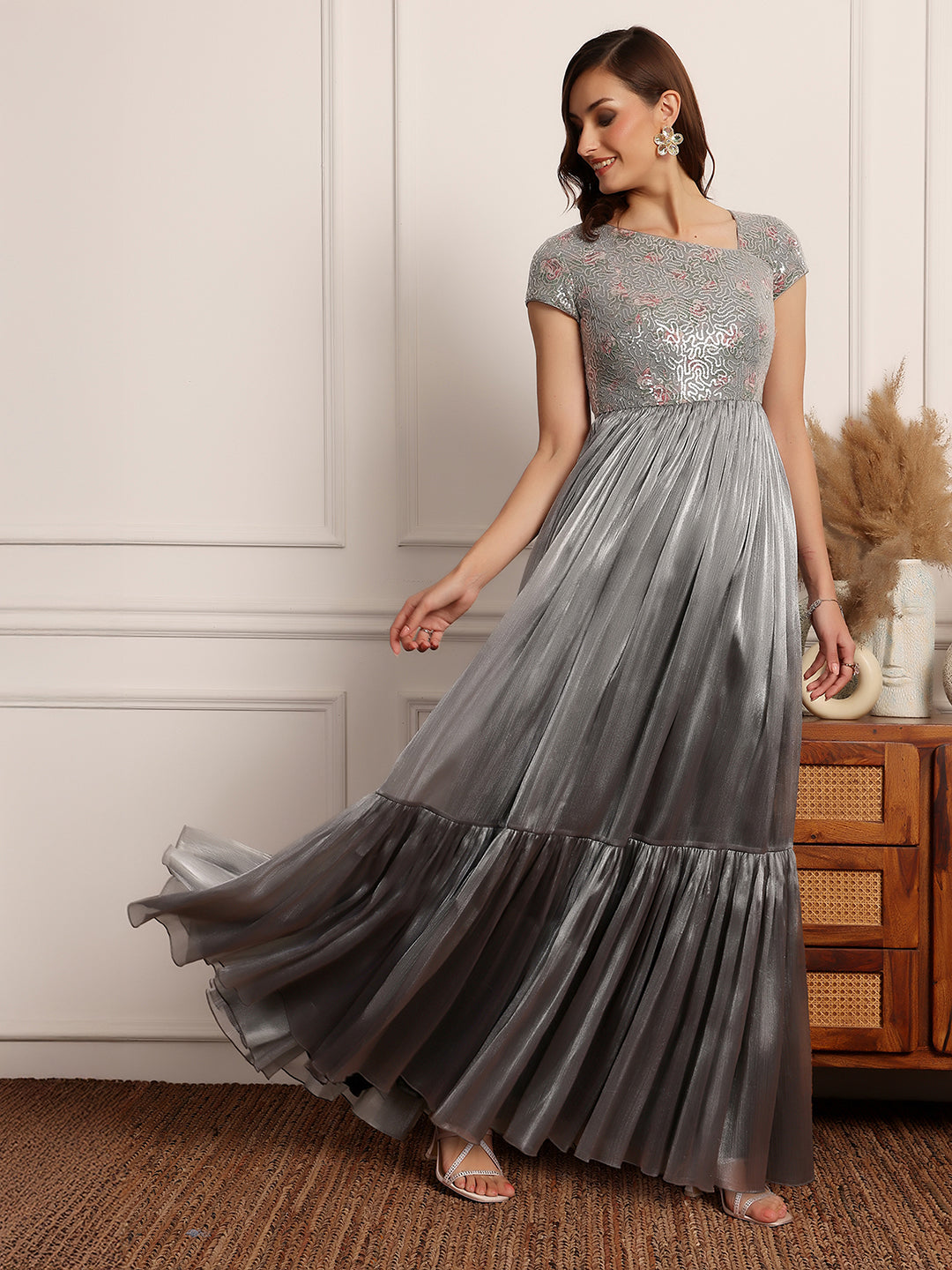 Silver Sequinned Layered Gown for Women