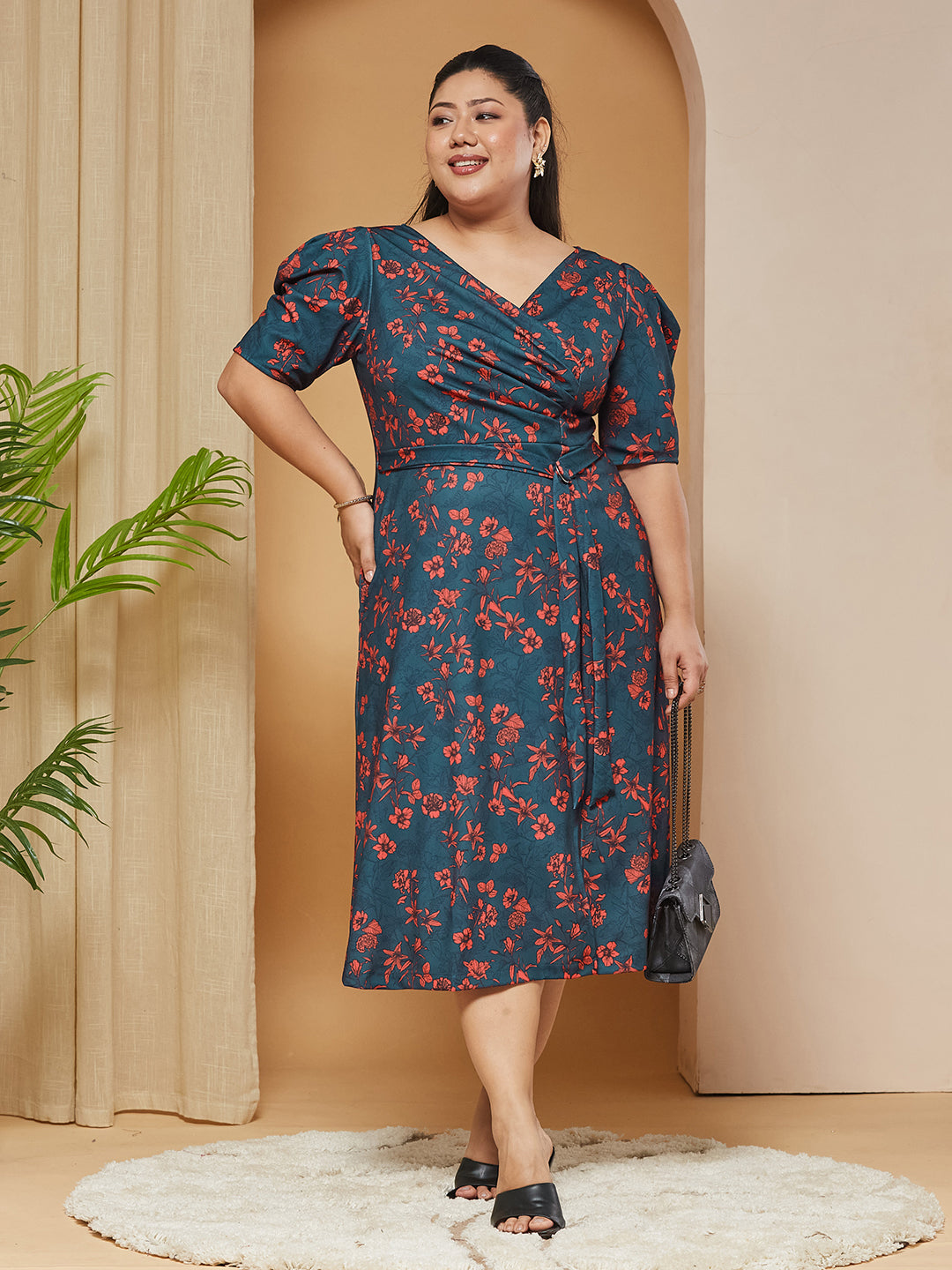 Multicolored-Base-Teal V-neck Puff-Sleeves Floral Wrap Midi Dress for Women