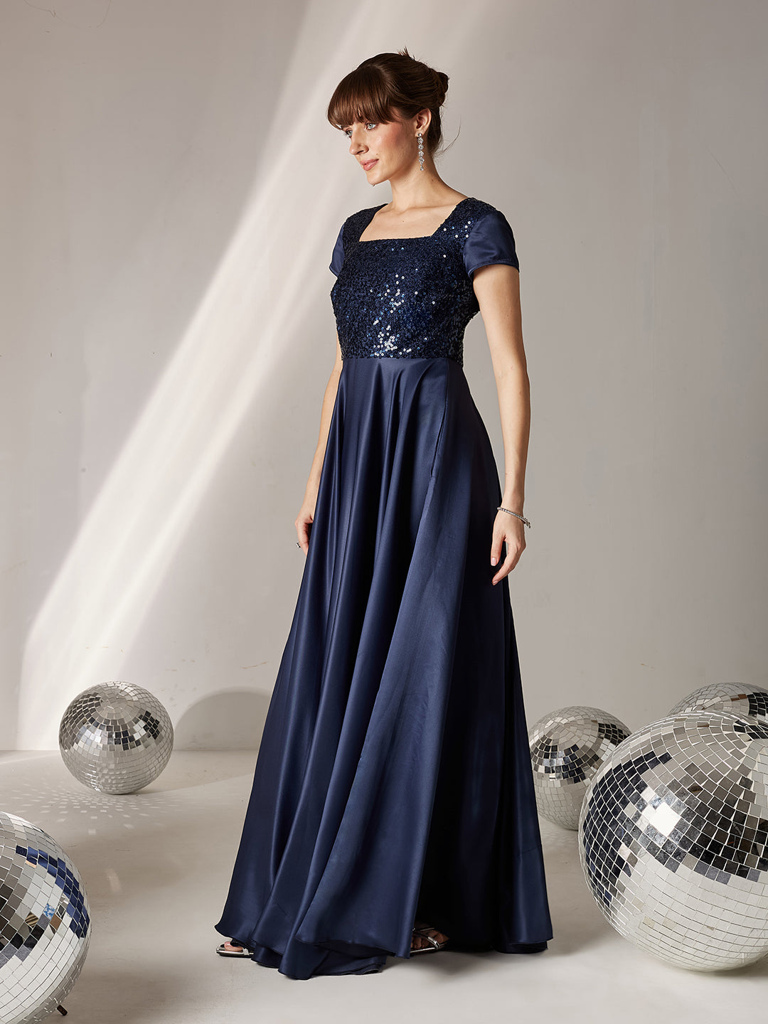 Women's Navy Blue Square Neck Short Sleeve Embellished Polyester Fit & Flare Maxi Dress