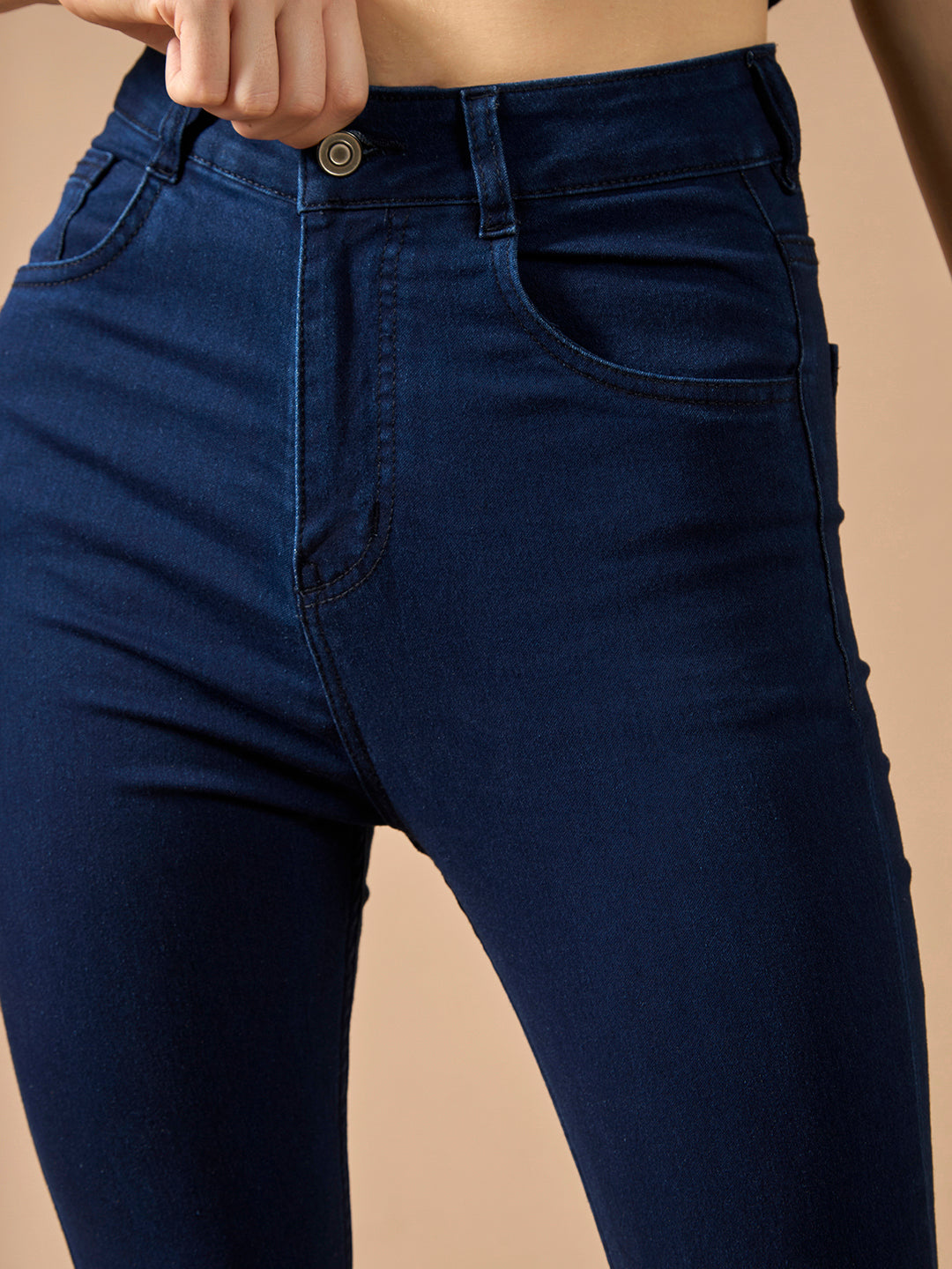 24/7 Comfort Navy-Blue Skinny High-Rise Solid Cropped Fringed Hemline Stretchable Denim Jeans