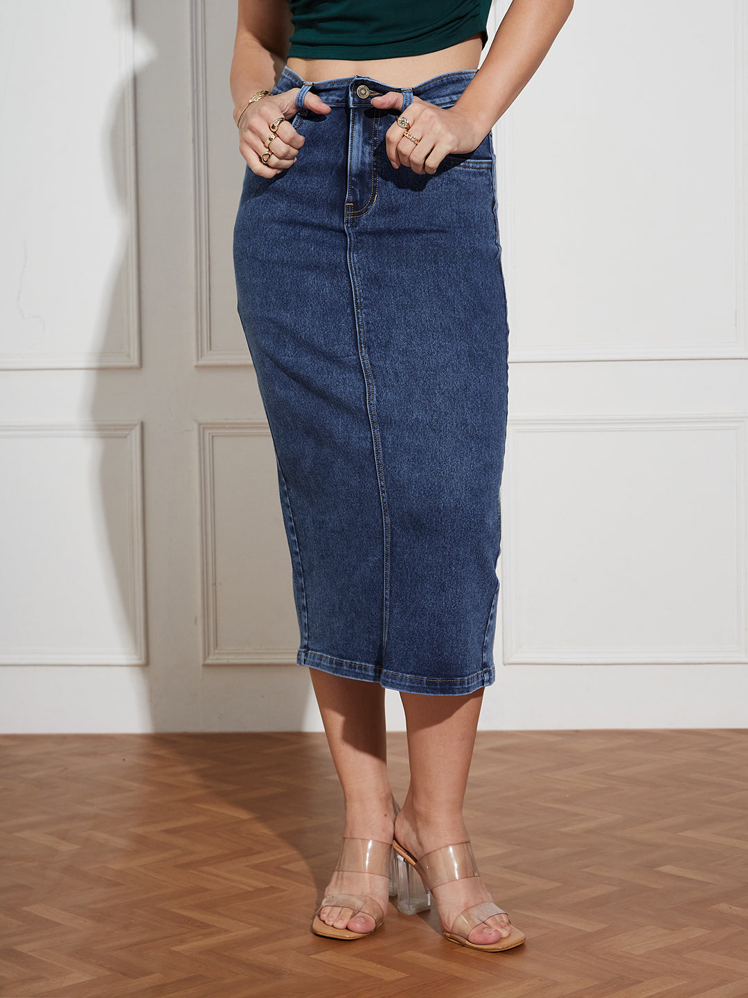 Women's Dark Blue High-Rise Stretchable Denim Midi Skirt with Back Slit – Shaping Fit