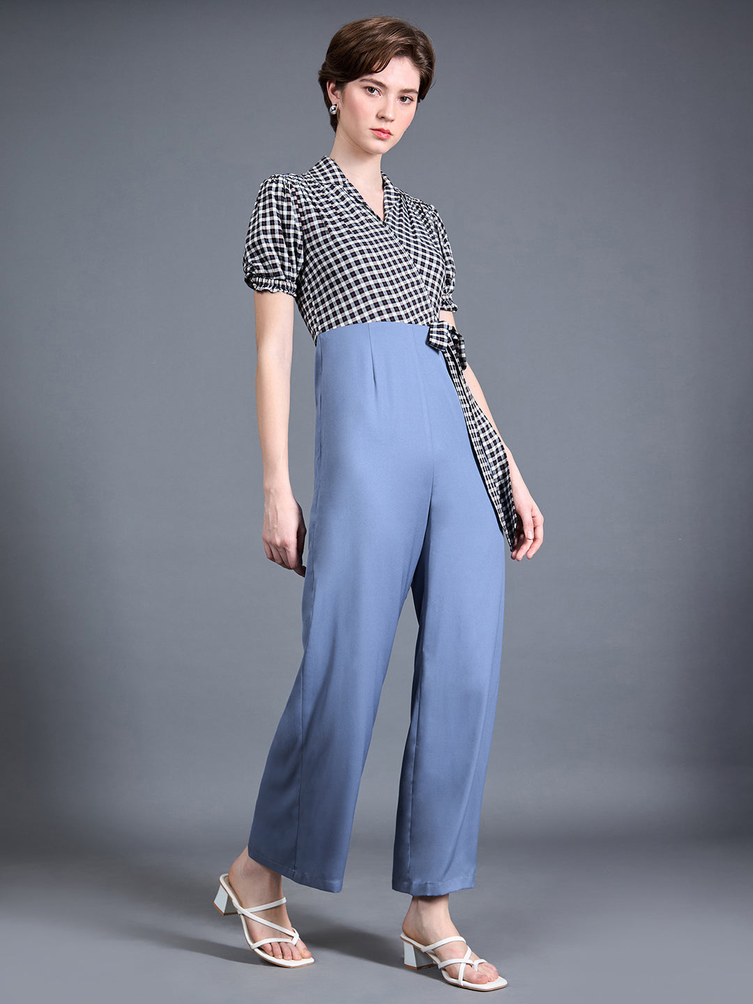 Women's Multicolored-Base-Powder Blue Notched Collared Puff Sleeve Checkered Wrap Regular Crepe Jumpsuit