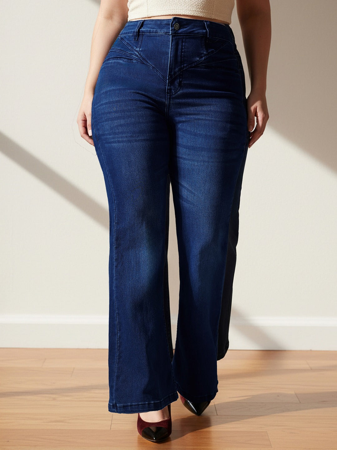 Mid Blue Wide-Leg High-Rise Stretchable Denim Jeans for Women