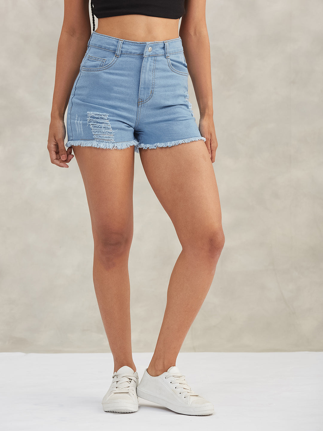 Women's Blue Relaxed Mid-Rise High-Distress Non-Stretchable Denim Shorts