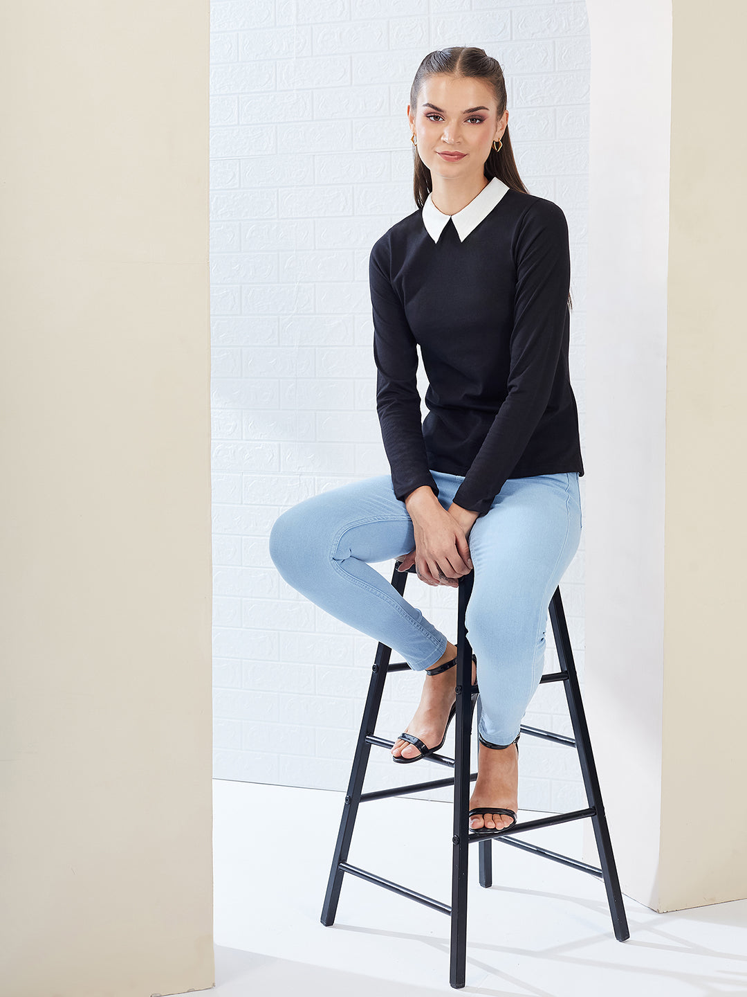 Black Collared Round Neck Full Sleeve Cotton Solid Buttoned Top for Women
