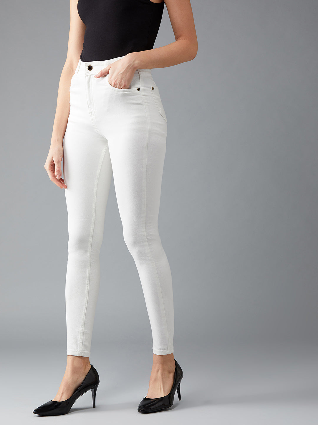 Women's White Skinny High-Rise Clean-Look Bleached Regular-Length Stretchable Denim Jeans