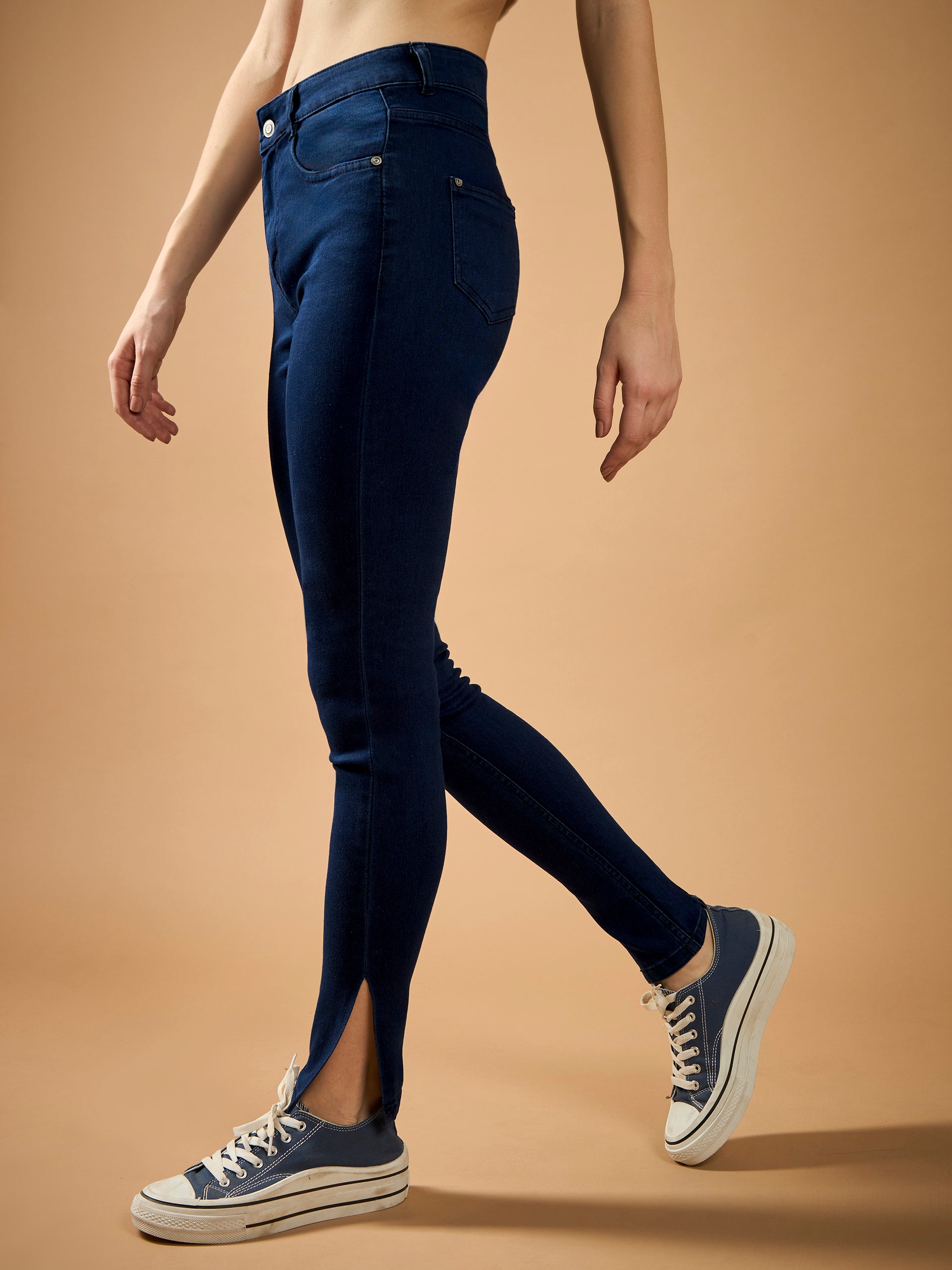 Navy-Blue Skinny-Fit Mid-Rise Cropped-Length Side-Slit Denim Stretchable Jeans for Women