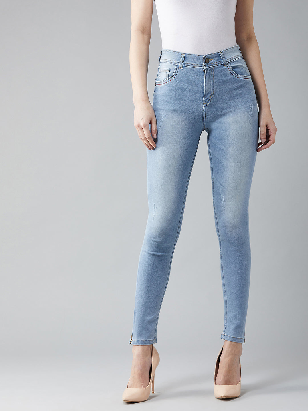 24/7 Comfort Blue Skinny-Fit High-Rise Zipper Detailing Scraped Stretchable Denim Jeans