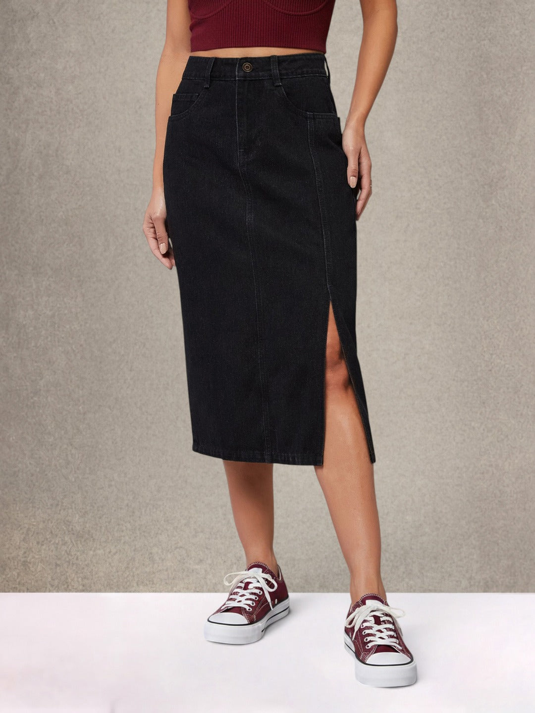 Black Straight-Fit High-Rise Stretchable Denim Midi Skirt for Women