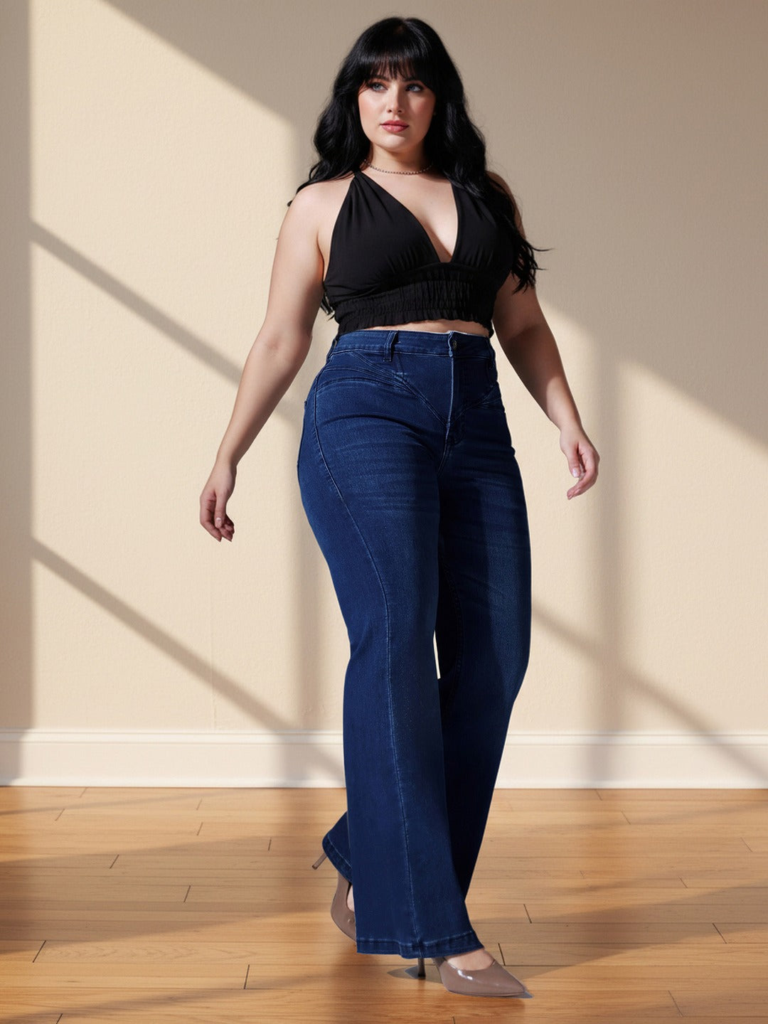 Mid Blue Wide-Leg High-Rise Stretchable Denim Jeans for Women