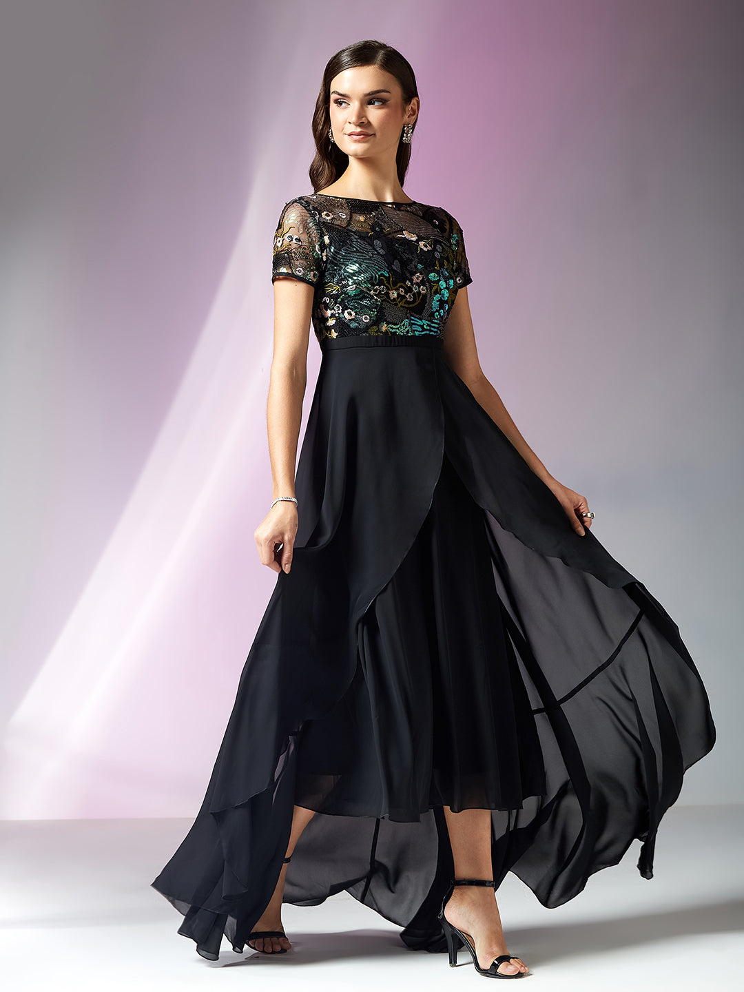 Womens Multicolored Base Black Round Neck Short Sleeve Floral Layered Georgette  Midi Dress